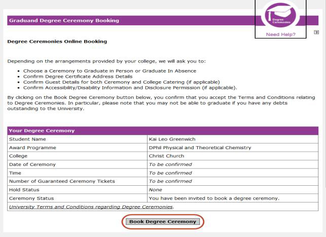 Degree ceremony booking screenshot