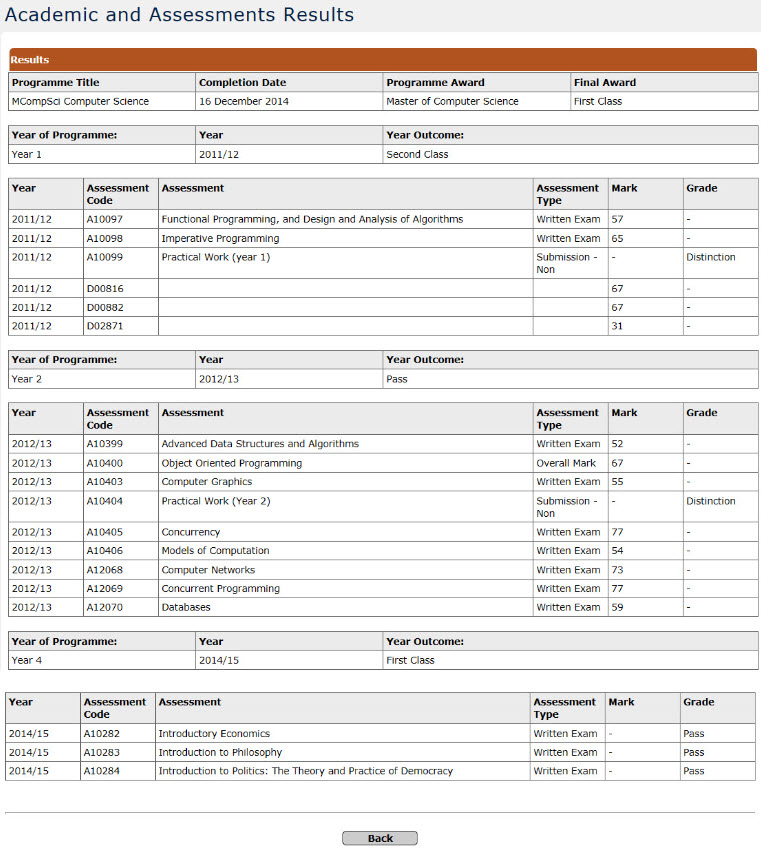 Student self service - new screen view