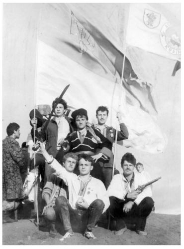 Members of Ukrainian Historical and Ethnographic Club Donets Kurin (Ye. Pokrov, D. Bilyi, A. Kornev, V. Mykhnenko, aged 15, V. Zadunaiskyi, I. Derkach), celebrating 500th Anniversary of Zaporozhian Cossacks, Chortomlyk Host, village of Kapulivka, Nikopol