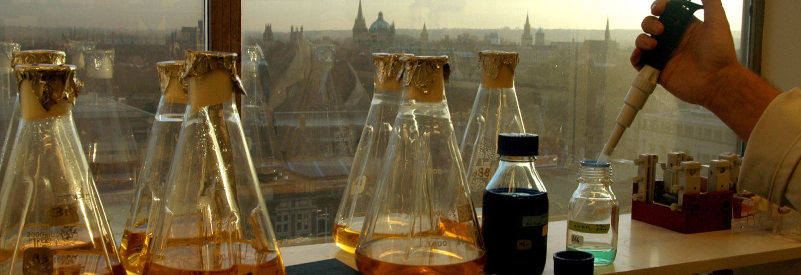 Flasks against an Oxford skyline.