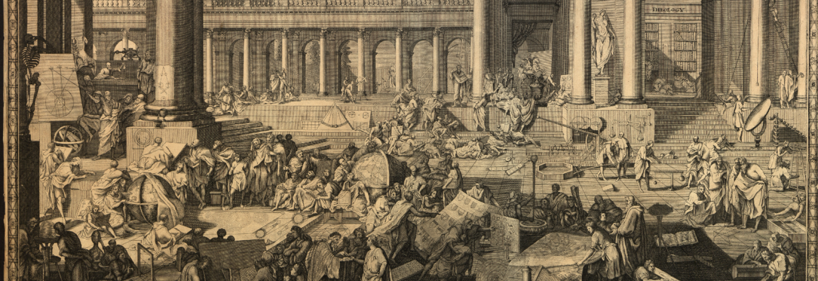 The Academy of Arts and Sciences, by B. Smith. c.18th Century, after original of 1698. Engraving by S. le Clerc.