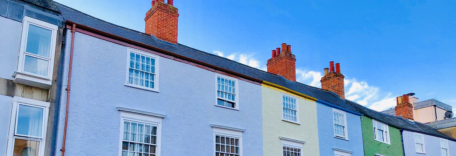 Colourful houses on Longwall Street on a sunny day