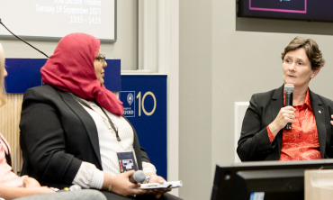 Picture of the Vice-Chancellor and colleagues talking at Oxford Inside Out