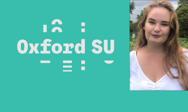 The Oxford SU logo, alongside a photo of Hannah, standing outside, wearing a white top. She has long blonde hair.
