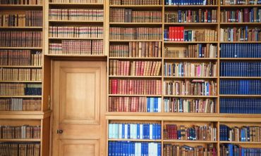 A door and bookcases