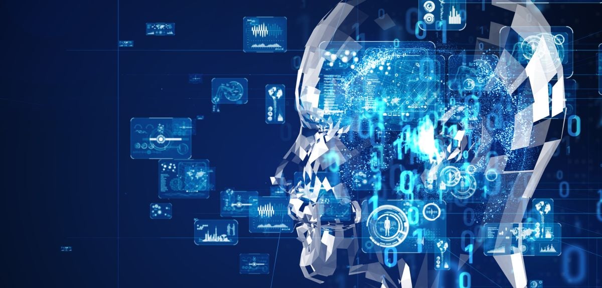 Artistic concept of artificial intelligence. A metallic human head with superimposed binary digits and icons representing different forms of data.