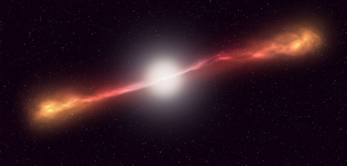A bright light in outer space with two illuminated jets on either side.