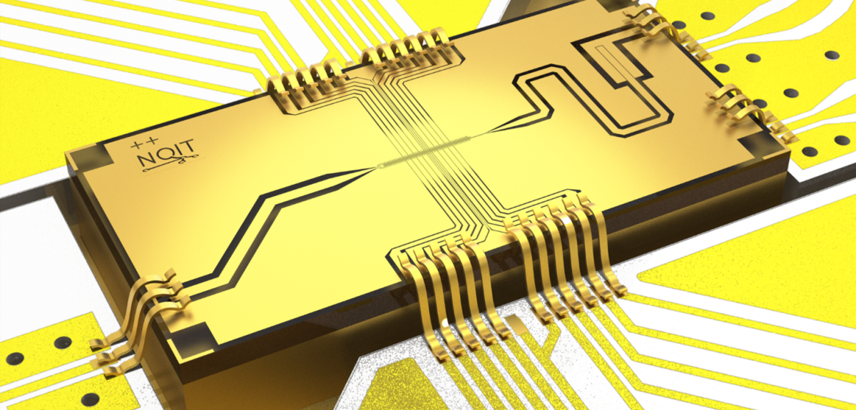 3D image of a rectangular quantum computing chip, against a circuit-board background. The chip says ‘NQIT ++’.