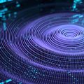 An artistic concept of quantum computing showing spherically-arranged rows of binary 0 and 1 numbers with pulsating ripples across the surface.