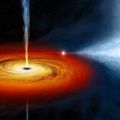 Artistic image showing matter being dragged from a star to form a spiral shaped rotating mass around a black hole. 