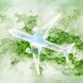 Artistic concept of an eco-friendly plane with an outline of blue sky and clouds, flying over a forest.