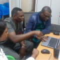 Researchers at a workstation at University College Hospital